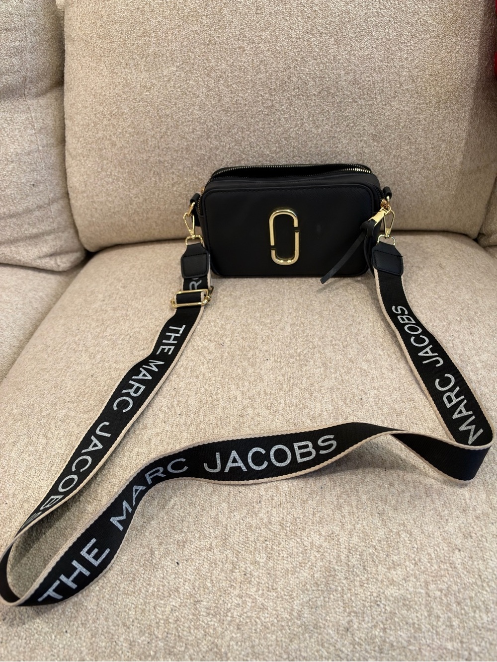 Marc Jacobs Black Compact Crossbody with Branded Strap and Gold Hardware
